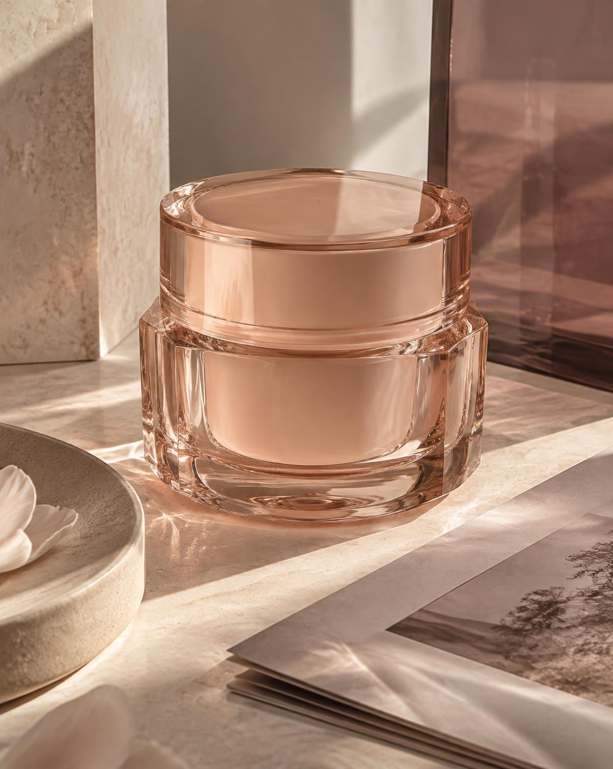 Peach glass skincare vessel in warm architectural light