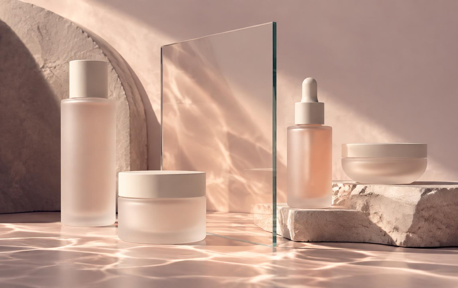 Unlabelled skincare vessels arranged around translucent peach glass