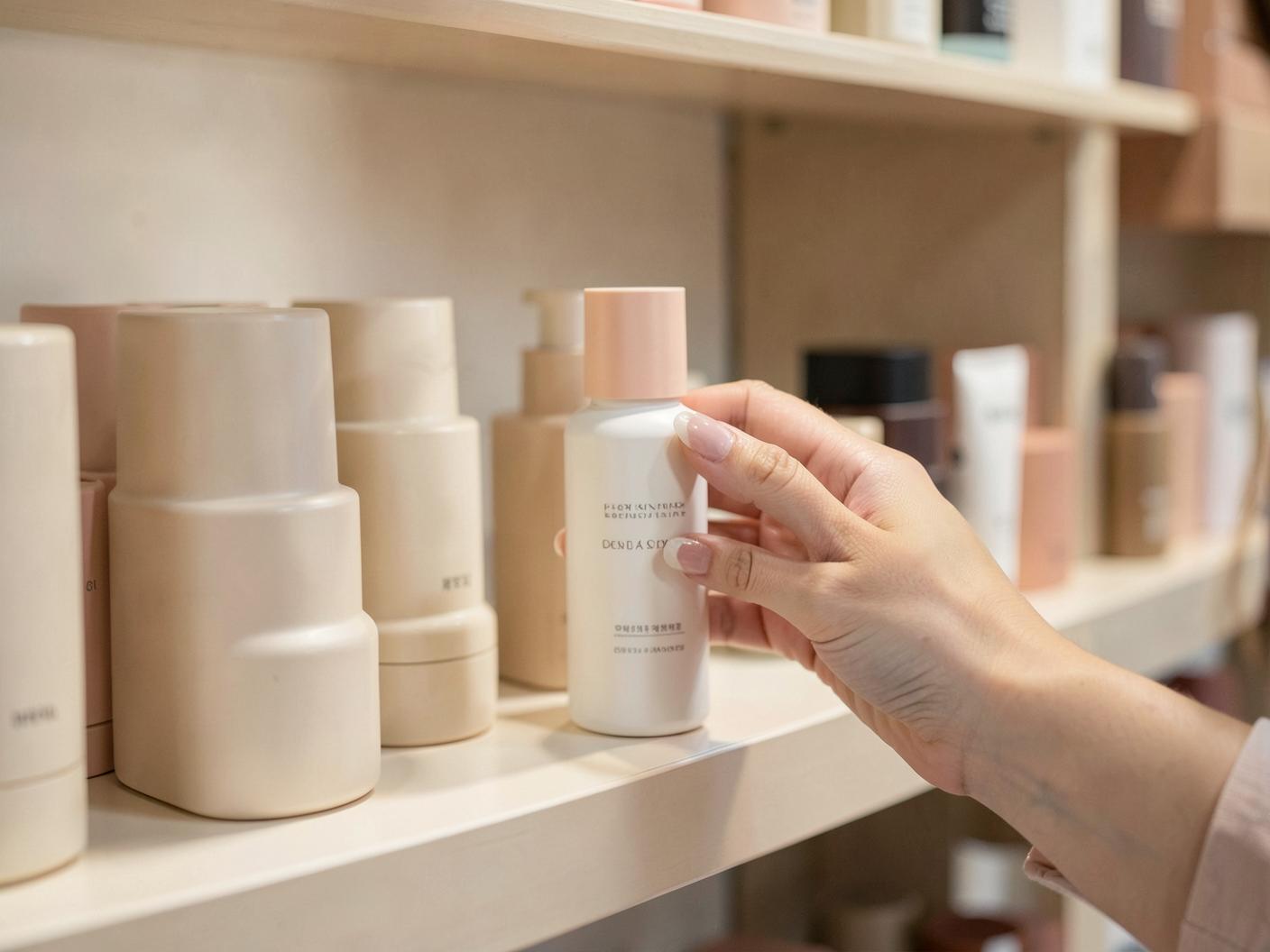 A customer selecting a skincare product from a curated retail shelf